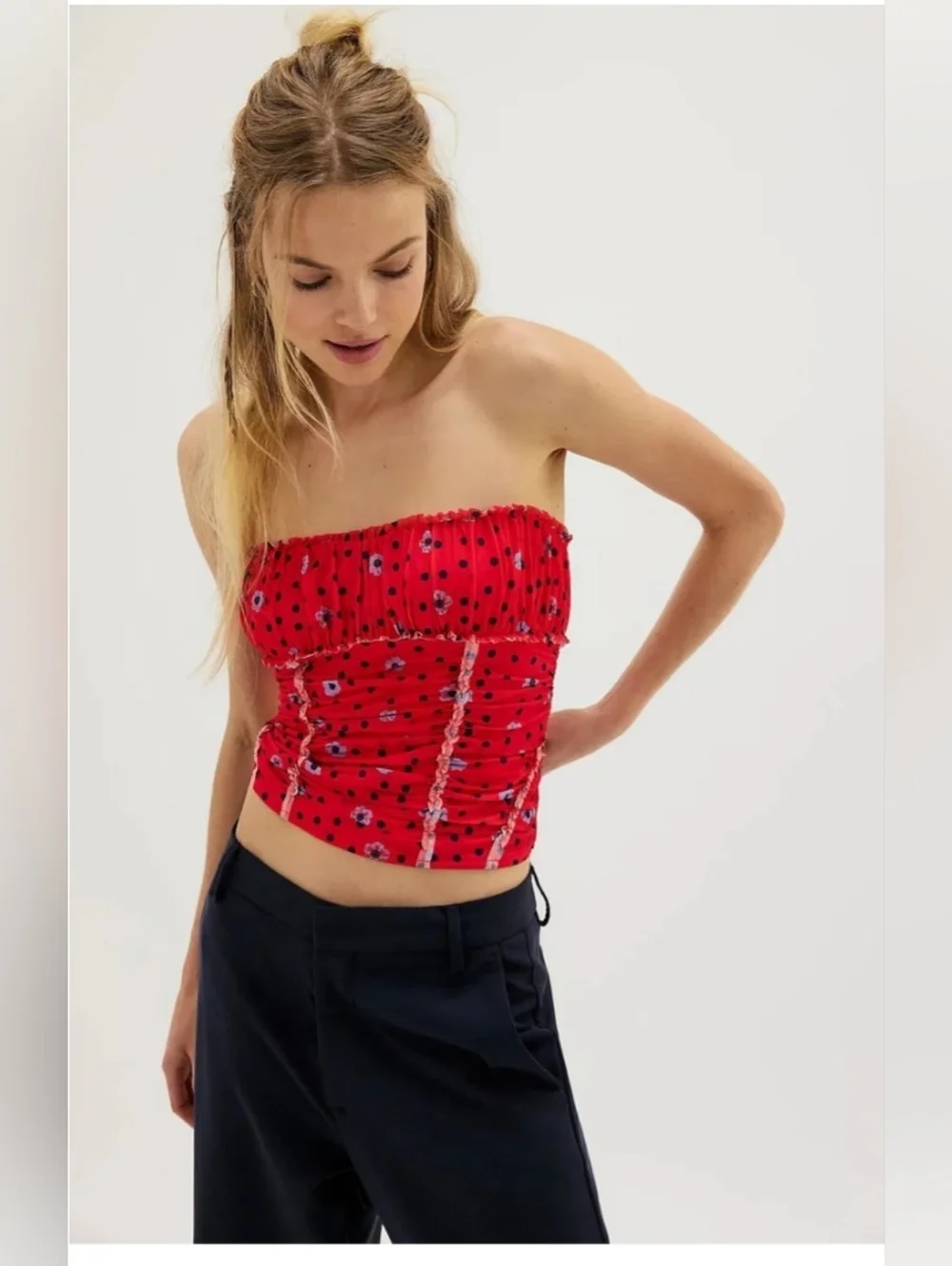 FREE PEOPLE Scottie red blue polka dot dainty flowers Printed Tube size XL new‎